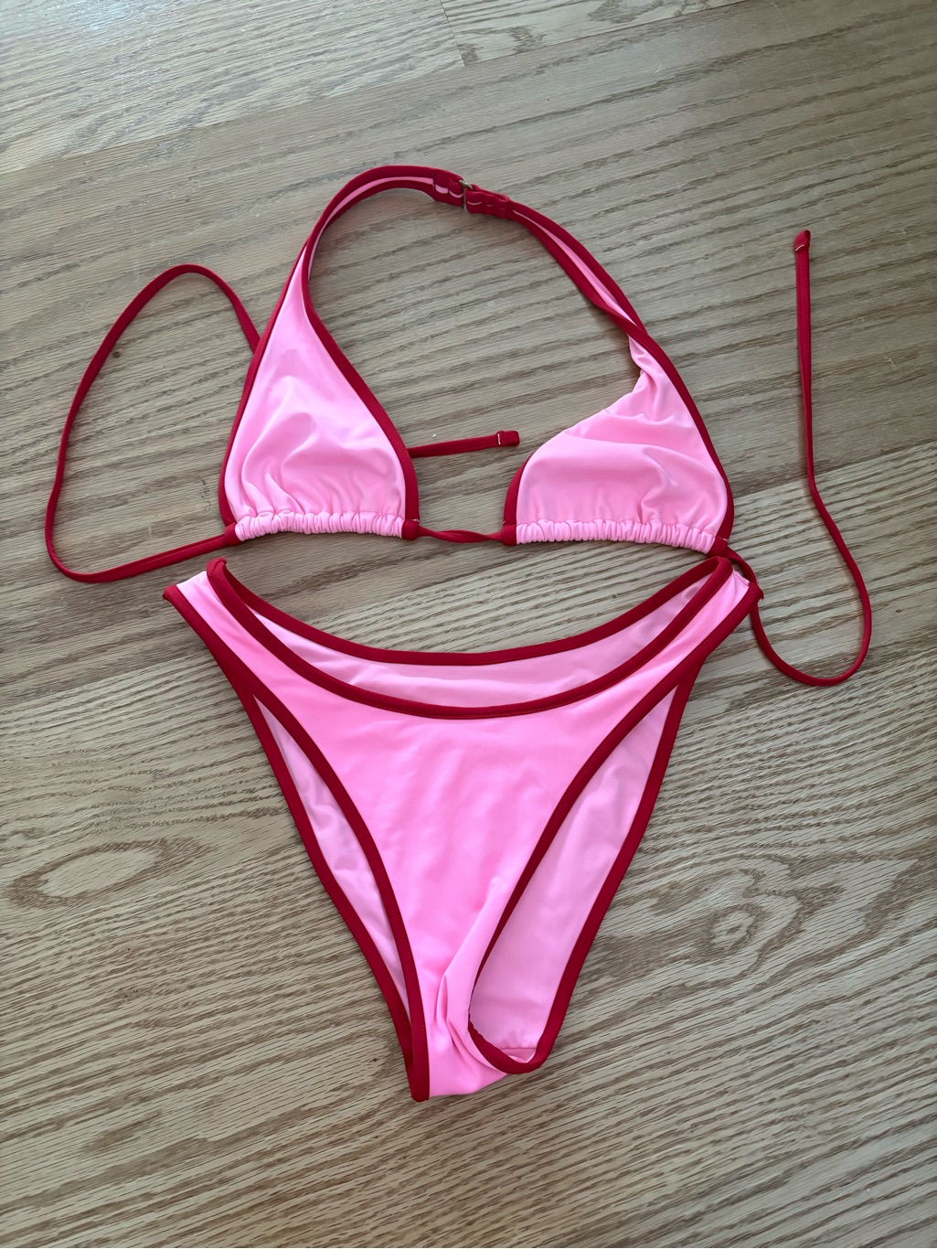 Pink Contrast-Trim Triangle Bikini Set